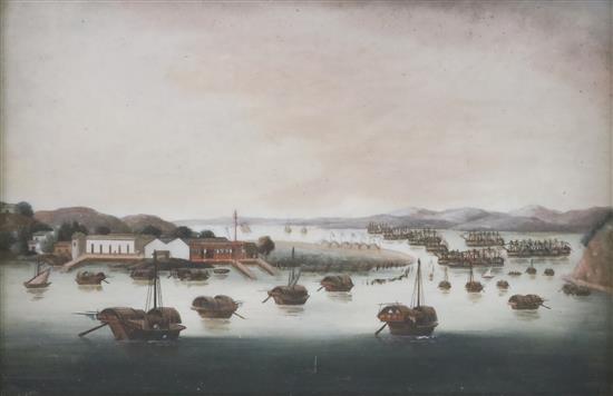 Chinese School circa 1810-20, a pair of watercolour on ivory of two river views, one depicting Whampoa anchorage, 8.5cm x 13cm